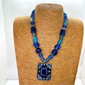 Vintage Blue Glass Chunky Bead and Silver Tone Pendant Necklace